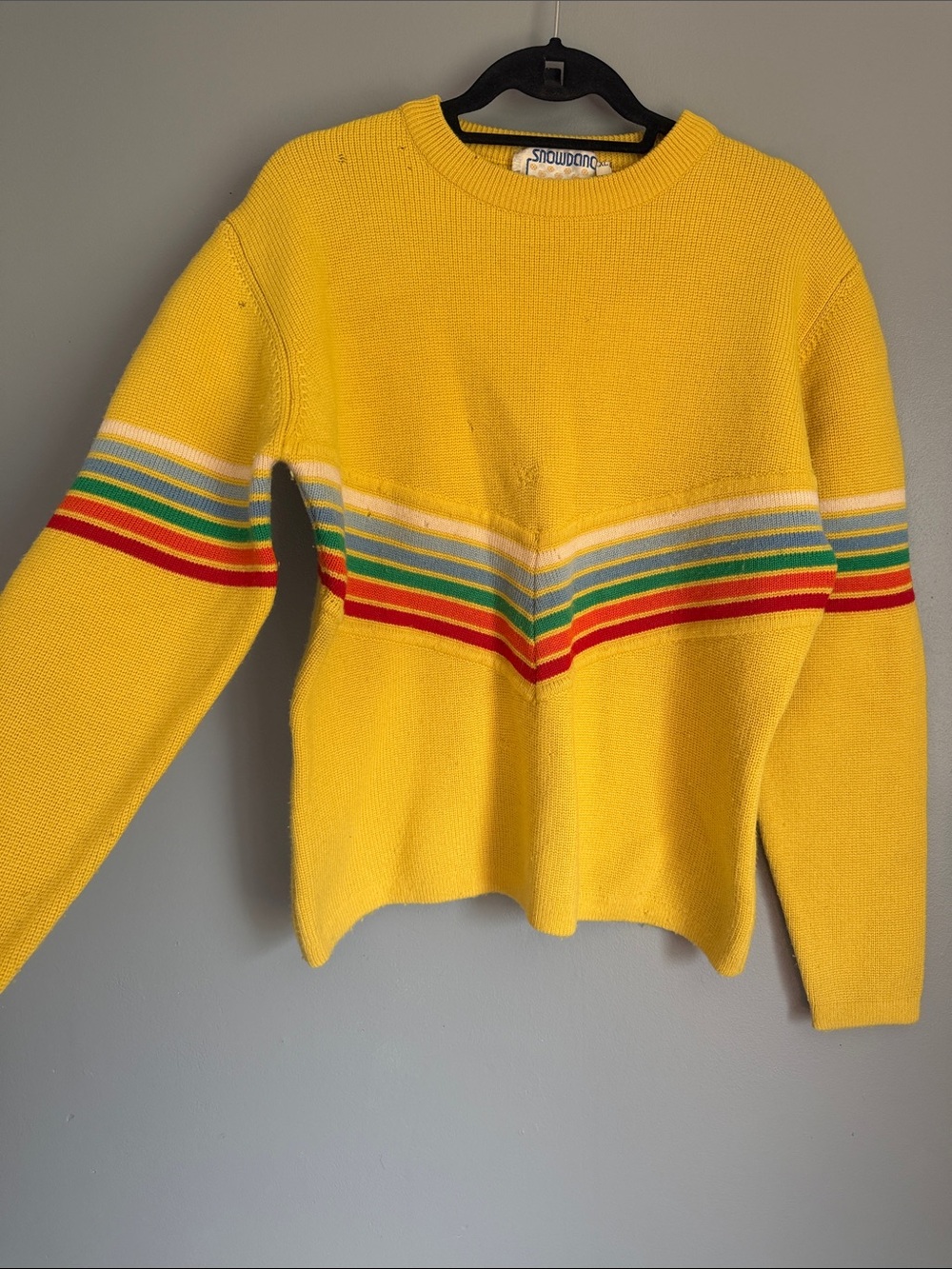 Vintage Snowdance Retro Yellow Rainbow Striped Chevron Knit Ski Sweater Size XL